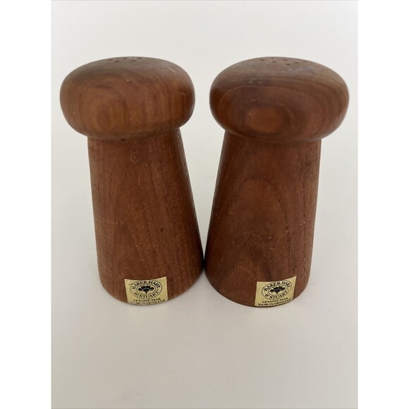 Vintage Teak Wood 4” Salt & Pepper Shakers Baker, Hart, & Stuart Stickers - Picture 1 of 8